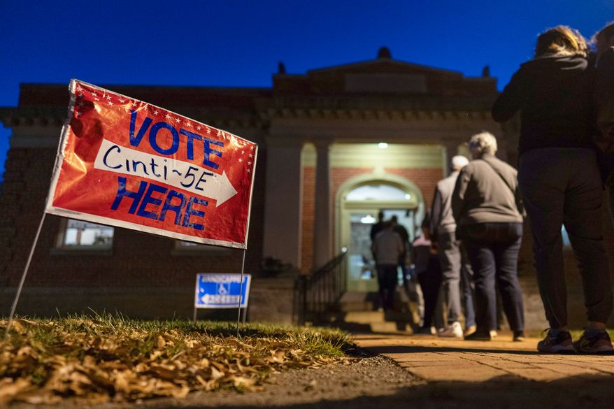FILE - Voters line up to enter their polling place at the Cincinnati Observatory on election day, Nov. 5, 2024, in Cincinnati. (AP Photo/Carolyn Kaster, File)