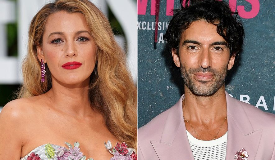 This combination of images shows Blake Lively at the London screening of the film "It 'Ends With Us" on Aug. 8, 2024, left, and Justin Baldoni at the world premiere of the film in New York on Aug. 6, 2024. (AP Photo, File)