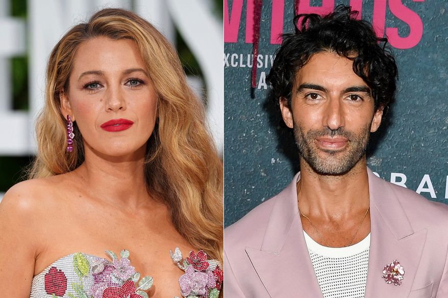 This combination of images shows Blake Lively at the London screening of the film "It 'Ends With Us" on Aug. 8, 2024, left, and Justin Baldoni at the world premiere of the film in New York on Aug. 6, 2024. (AP Photo, File)