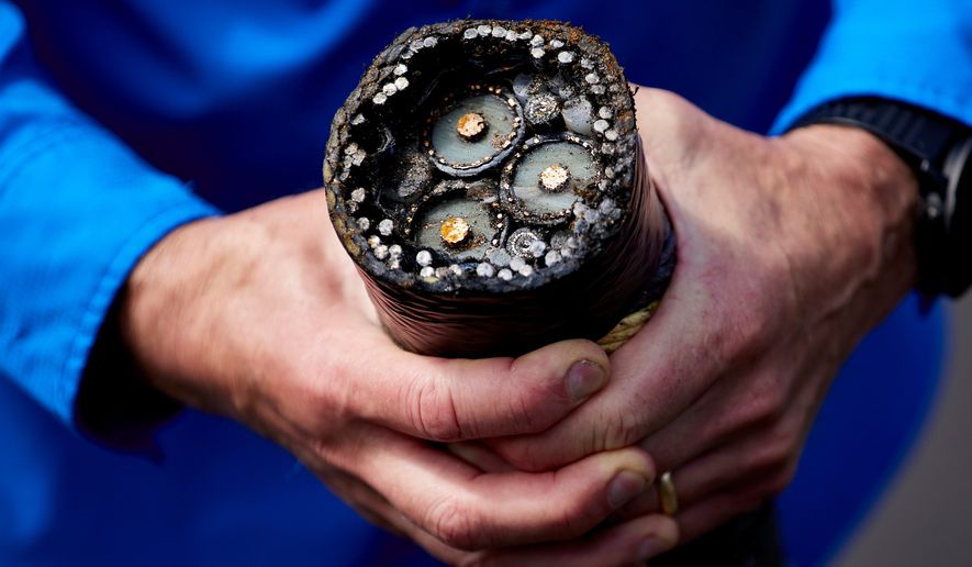 FILE - Burke Hales, chief scientist for the PacWave wave energy test site overseen by Oregon State University, shows the electric cables that are buried under the seabed near Newport, Ore., Aug. 23, 2024. (AP Photo/Craig Mitchelldyer, File)