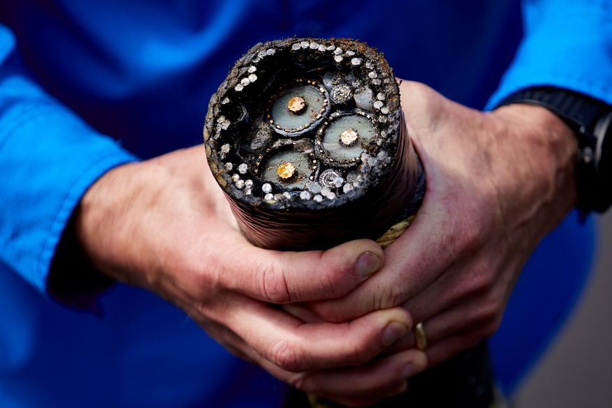 FILE - Burke Hales, chief scientist for the PacWave wave energy test site overseen by Oregon State University, shows the electric cables that are buried under the seabed near Newport, Ore., Aug. 23, 2024. (AP Photo/Craig Mitchelldyer, File)