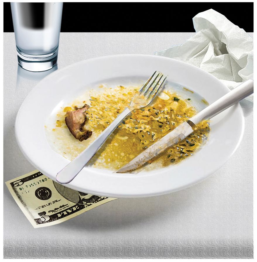 Real villains are restaurant owners who won't pay their employees a living wage. Illustration by Alex Hunter of The Washington Times