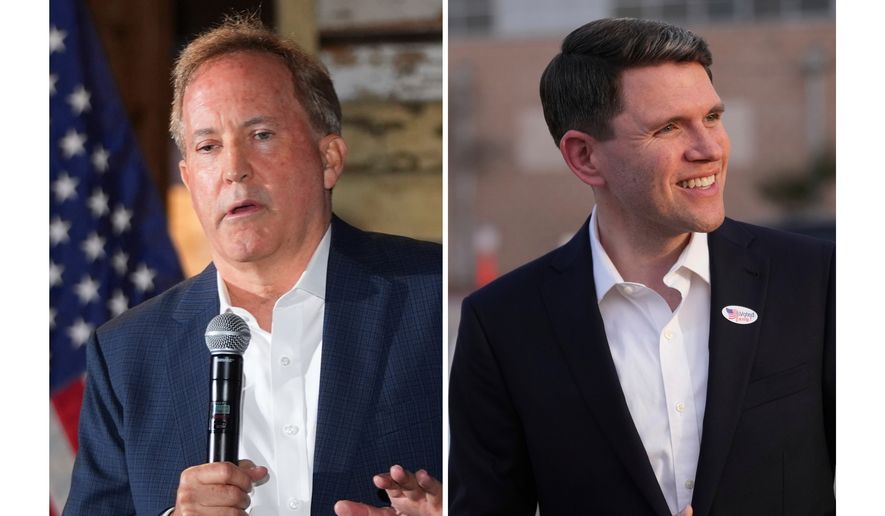 At left, Texas Attorney General Ken Paxton speaks in McKinney, Texas, May 19, 2026, and at right, Texas state Rep. James Talarico, after voting, in Austin, Texas, Feb. 17, 2026. (AP Photo/LM Otero and Eric Gay, File)