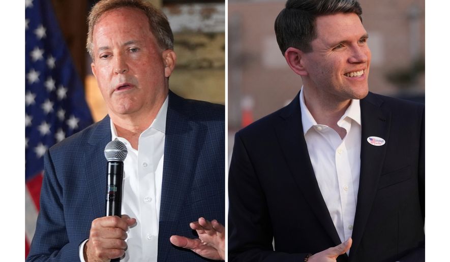 FILE - At left, Texas Attorney General Ken Paxton speaks in McKinney, Texas, May 19, 2026, and at right, Texas state Rep. James Talarico, after voting, in Austin, Texas, Feb. 17, 2026. (AP Photo/LM Otero and Eric Gay,File)