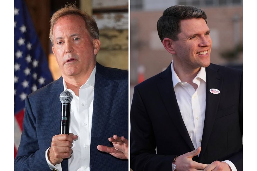 FILE - At left, Texas Attorney General Ken Paxton speaks in McKinney, Texas, May 19, 2026, and at right, Texas state Rep. James Talarico, after voting, in Austin, Texas, Feb. 17, 2026. (AP Photo/LM Otero and Eric Gay,File)