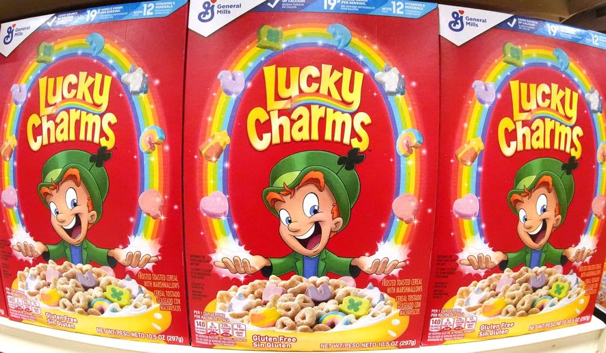 This is a shelf of General Mills Lucky Charms cereal at a market in Homestead, Pa., on Monday, Feb. 24, 2025. (AP Photo/Gene J. Puskar, File)