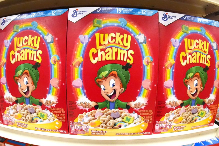 This is a shelf of General Mills Lucky Charms cereal at a market in Homestead, Pa., on Monday, Feb. 24, 2025. (AP Photo/Gene J. Puskar, File)