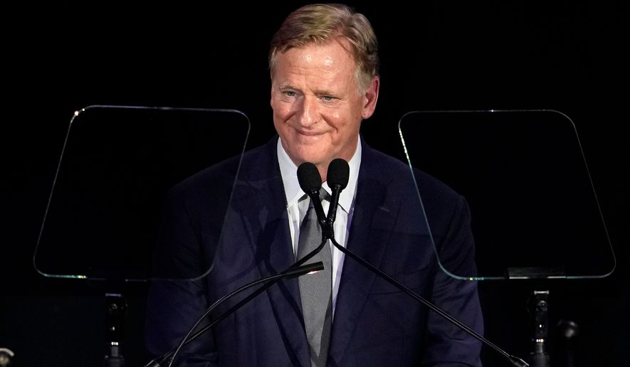 National Football League commissioner Roger Goodell speaks during the Pro Football Hall of Fame gold jacket dinner in Canton, Ohio, Friday, Aug. 7, 2026. (AP Photo/Sue Ogrocki)
