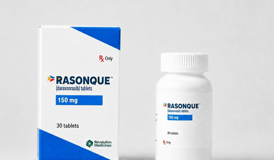 This photo provided by Revolution Medicines on Wednesday, Aug. 26, 2026 shows packaging for the new pancreatic cancer drug, daraxonrasib, under the brand name Rasonque. (Revolution Medicines via AP)