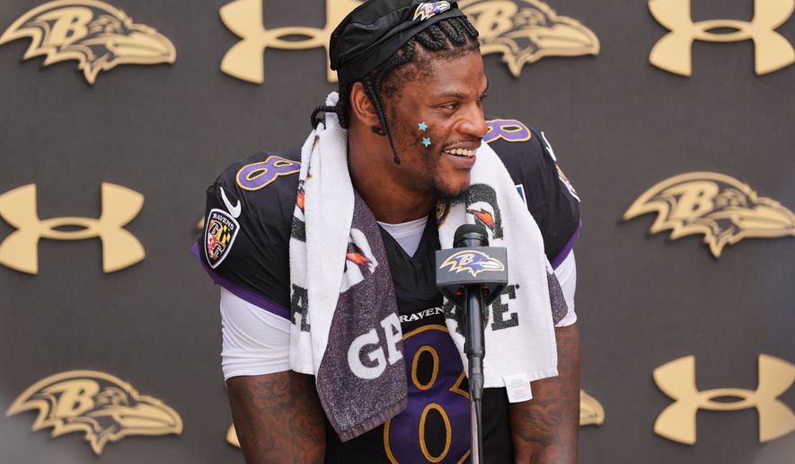Baltimore Ravens quarterback Lamar Jackson speaks during a press conference following the team's NFL football joint training camp with the Washington Commanders, Wednesday, Aug. 26, 2026, in Owings Mills, Md. (AP Photo/Stephanie Scarbrough)