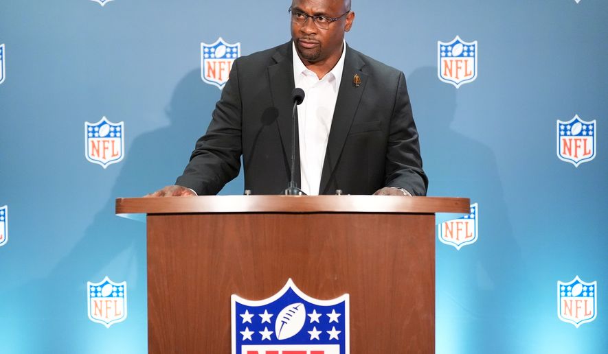 Troy Vincent speaks during a news conference at an NFL football owners meeting on Wednesday, Aug. 26, 2026, in Atlanta. (AP Photo/Brynn Anderson)