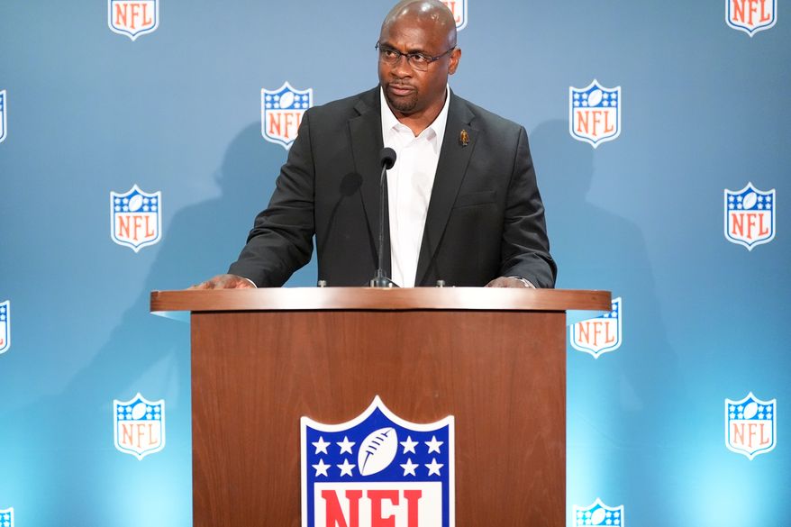 Troy Vincent speaks during a news conference at an NFL football owners meeting on Wednesday, Aug. 26, 2026, in Atlanta. (AP Photo/Brynn Anderson)