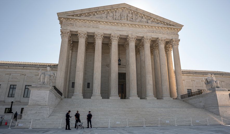 The Supreme Court is seen on the morning after the conservative majority sided with the Trump administration in a case over President Donald Trump's executive order restricting mail-in voting, on Capitol Hill in Washington, Tuesday, Aug. 25, 2026. (AP Photo/J. Scott Applewhite)