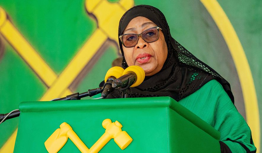 FILE - Tanzania's President Samia Suluhu Hassan delivers remarks during a campaign rally ahead of the general elections in Iringa, Tanzania, on Oct. 5, 2025. (AP Photo, File)