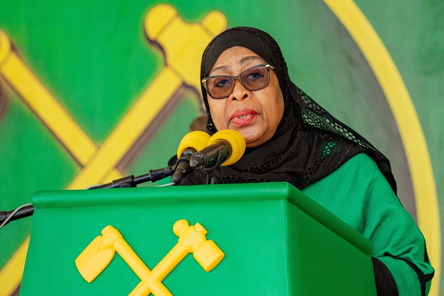 FILE - Tanzania's President Samia Suluhu Hassan delivers remarks during a campaign rally ahead of the general elections in Iringa, Tanzania, on Oct. 5, 2025. (AP Photo, File)