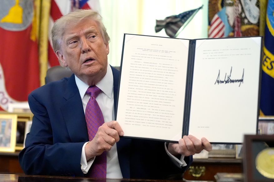 President Donald Trump holds up a signed executive order in the Oval Office of the White House, Thursday, Aug. 27, 2026, in Washington. (AP Photo/Manuel Balce Ceneta)