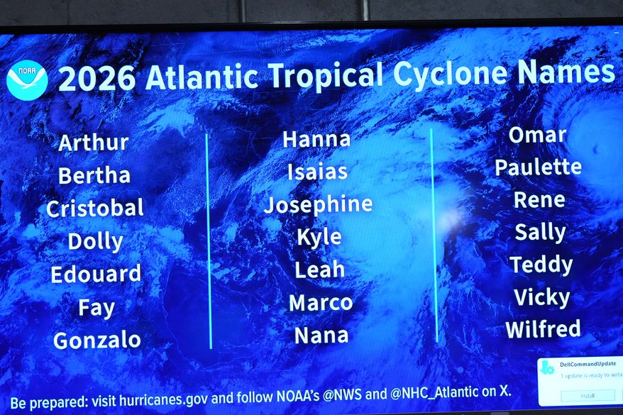 FILE - The 2026 Atlantic Tropical Cyclone Names are displayed at the National Hurricane Center on the first day of hurricane season, June 1, 2026, in Miami. (AP Photo/Lynne Sladky, File)