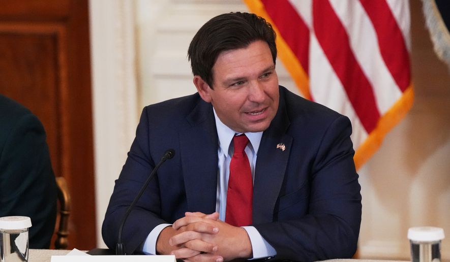 Florida Gov. Ron DeSantis speaks before a roundtable discussion on college sports in the East Room of the White House in Washington, March 6, 2026. (AP Photo/Julia Demaree Nikhinson, File)
