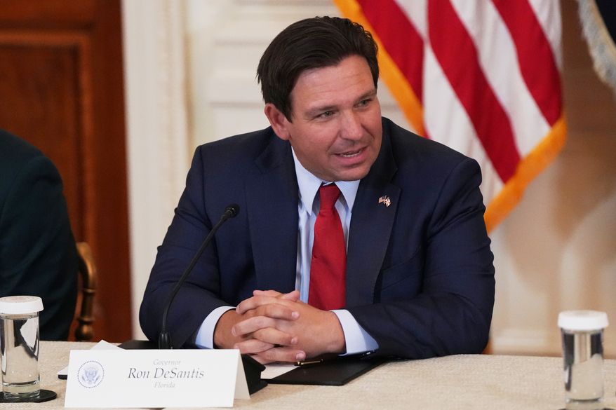 Florida Gov. Ron DeSantis speaks before a roundtable discussion on college sports in the East Room of the White House in Washington, March 6, 2026. (AP Photo/Julia Demaree Nikhinson, File)