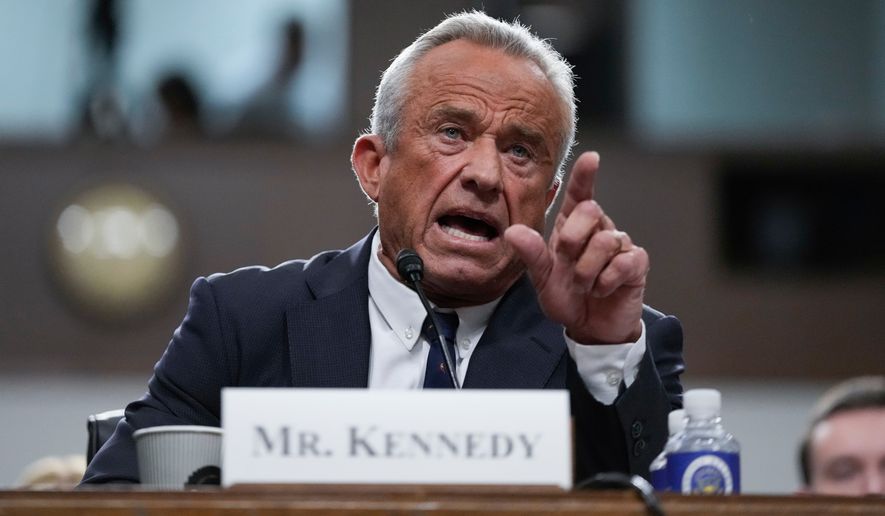 FILE - Robert F. Kennedy Jr., President Donald Trump's choice to be Secretary of Health and Human Services, appears before the Senate Finance Committee for his confirmation hearing, at the Capitol in Washington, Jan. 29, 2025. (AP Photo/Ben Curtis, file)