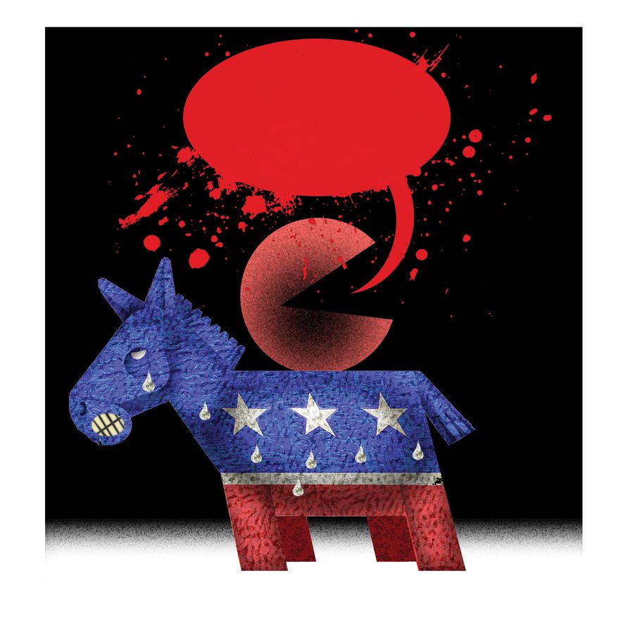 Battleground Dems won't banish radical podcaster who's become party's voice. Illustration by Alex Hunter of The Washington Times.