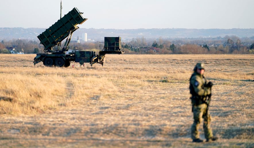 FILE - Patriot missles are seen at the Rzeszow-Jasionka Airport, March 25, 2022, in Jasionka, Poland. (AP Photo/Evan Vucci, File)