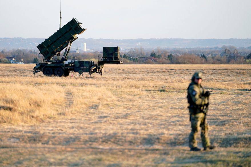 FILE - Patriot missles are seen at the Rzeszow-Jasionka Airport, March 25, 2022, in Jasionka, Poland. (AP Photo/Evan Vucci, File)