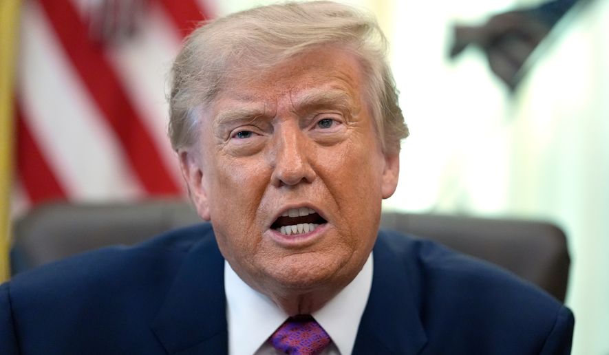 President Donald Trump speaks in the Oval Office of the White House, Thursday, Aug. 27, 2026, in Washington. (AP Photo/Manuel Balce Ceneta)