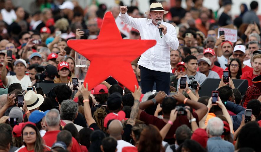 Brazilian President Luiz Inacio Lula da Silva, who is running for reelection, speaks during a campaign rally in Rio de Janeiro, Brazil, Saturday, Aug. 22, 2026. (AP Photo/Bruna Prado)