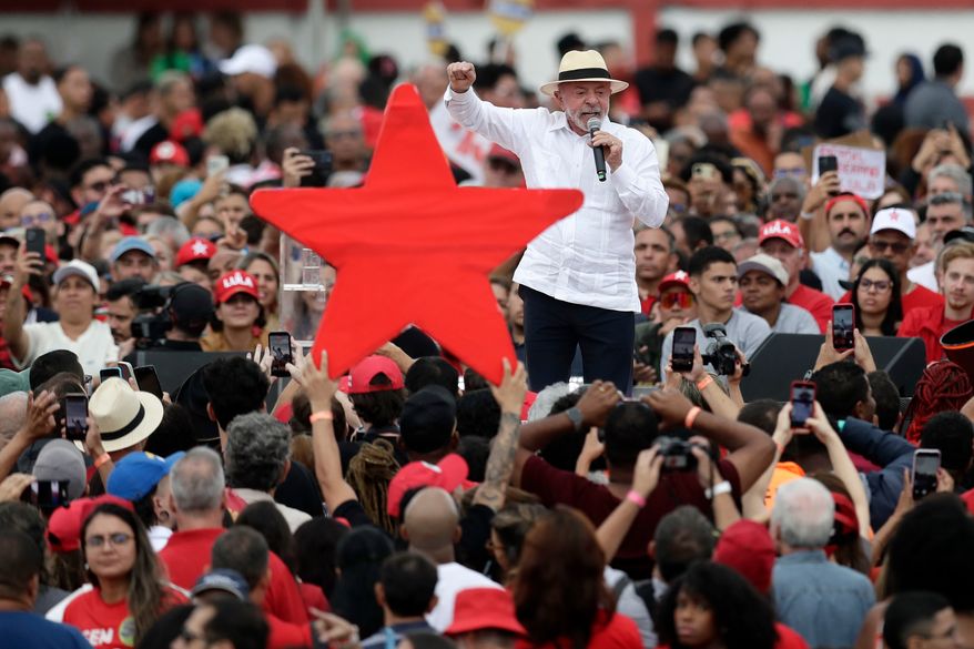 Brazilian President Luiz Inacio Lula da Silva, who is running for reelection, speaks during a campaign rally in Rio de Janeiro, Brazil, Saturday, Aug. 22, 2026. (AP Photo/Bruna Prado)