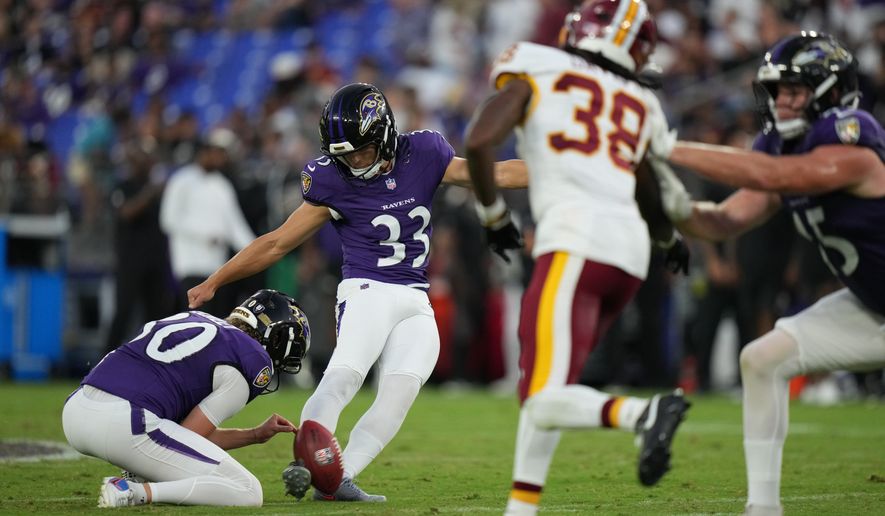 Baltimore Ravens kicker Tyler Loop (33) misses a field goal attempt against the Washington Commanders during the first half of an NFL preseason football game, Friday, Aug. 28, 2026, in Baltimore. (AP Photo/Stephanie Scarbrough)