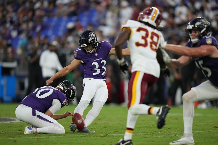 Baltimore Ravens kicker Tyler Loop (33) misses a field goal attempt against the Washington Commanders during the first half of an NFL preseason football game, Friday, Aug. 28, 2026, in Baltimore. (AP Photo/Stephanie Scarbrough)