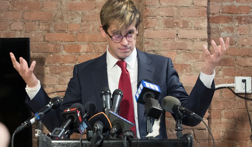 Milo Yiannopoulos speaks during a news conference in New York, Feb. 21, 2017. (AP Photo/Mary Altaffer, File)