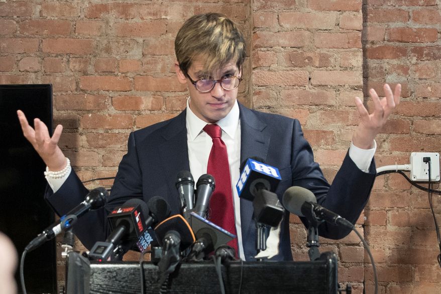 Milo Yiannopoulos speaks during a news conference in New York, Feb. 21, 2017. (AP Photo/Mary Altaffer, File)