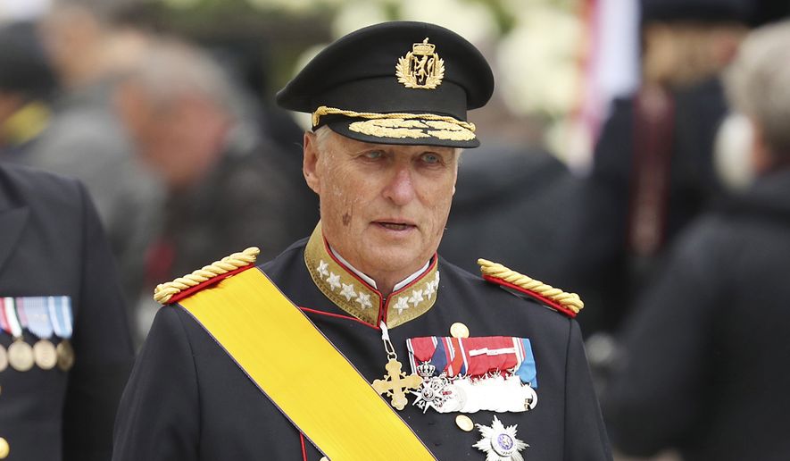 FILE - King Harald V of Norway and his wife Sonja leave the Notre Dame cathedral after attending at the funeral of the Grand Duke Jean of Luxembourg, in Luxembourg, on May 4, 2019. (AP Photo/Francisco Seco, File)