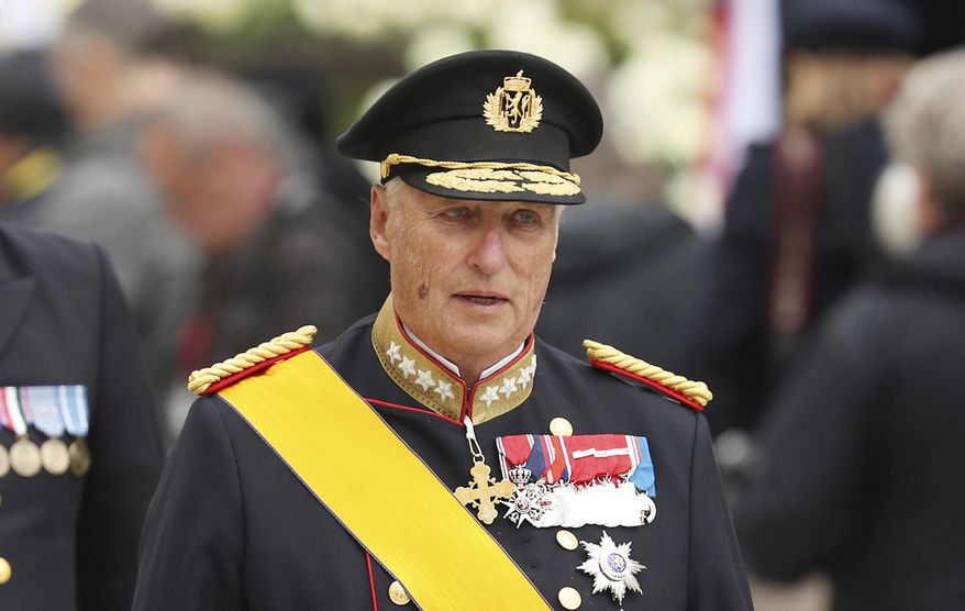 FILE - King Harald V of Norway and his wife Sonja leave the Notre Dame cathedral after attending at the funeral of the Grand Duke Jean of Luxembourg, in Luxembourg, on May 4, 2019. (AP Photo/Francisco Seco, File)