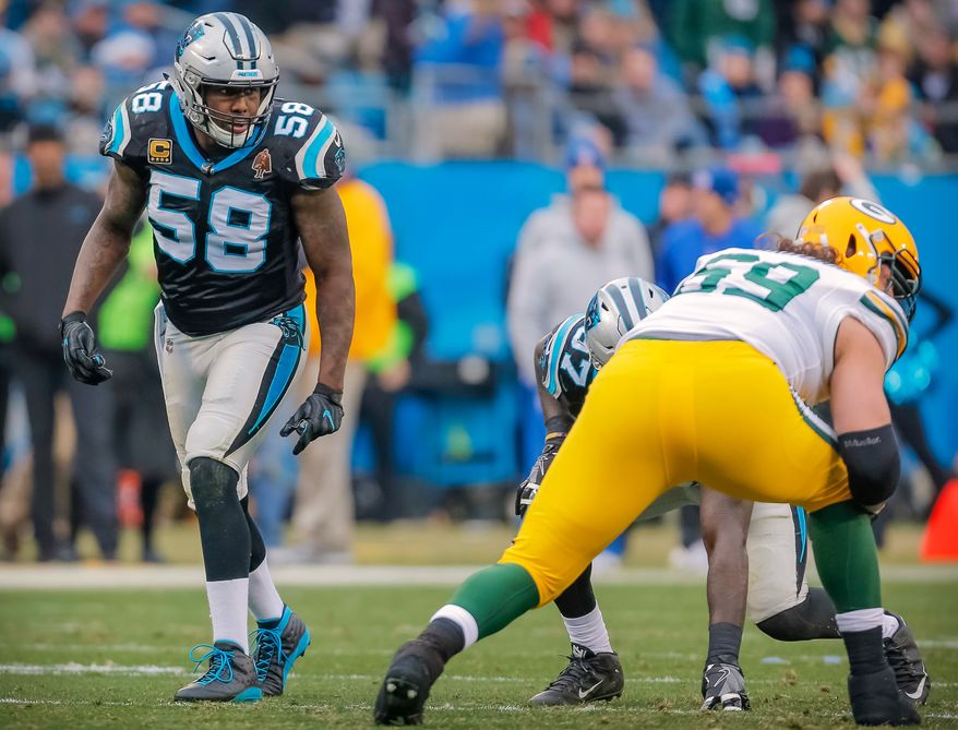 FILE - Carolina Panthers' Thomas Davis (58) waits for the snap during the second half of an NFL football game against and the Green Bay Packers in Charlotte, N.C., Dec. 17, 2017. (AP Photo/Bob Leverone, File)