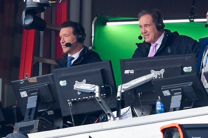 FILE - CBS broadcaster Tony Romo, left, calls the game during the second half of a NFL football wild card playoff game between the Buffalo Bills and the Denver Broncos in Orchard Park, N.Y., Jan. 12, 2025. (AP Photo/Adrian Kraus, File)
