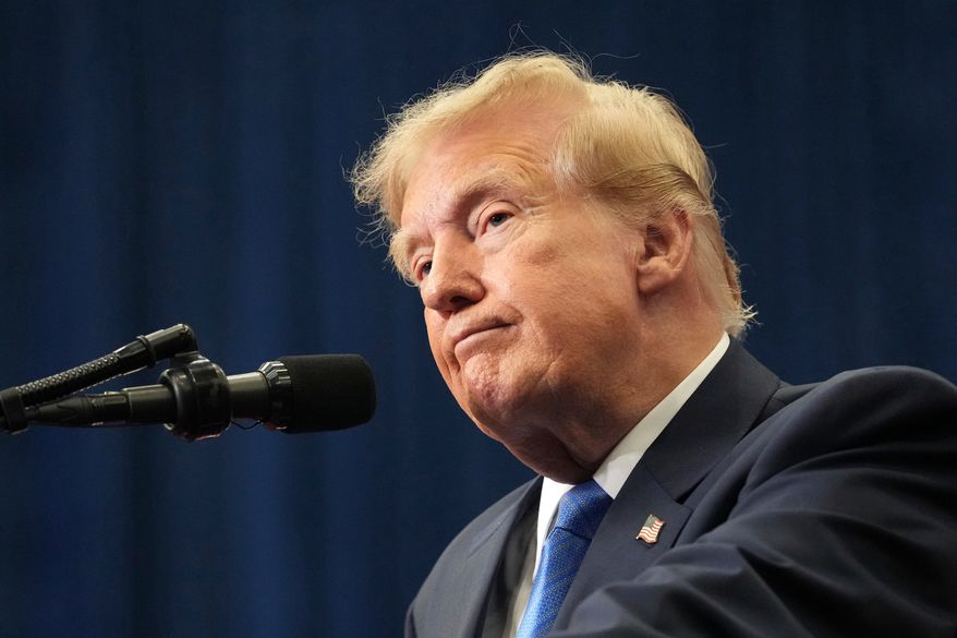 President Donald Trump speaks during an event to present the Congressional Space Medal of Honor to Artemis II crew members, Friday, Aug. 28, 2026, at Johnson Space Center in Houston. (AP Photo/Mark Schiefelbein)