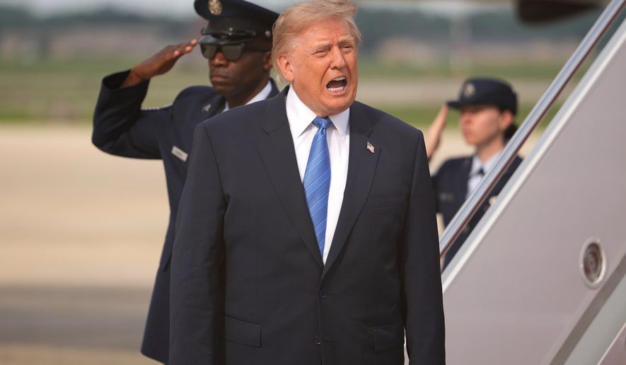 President Donald Trump speaks after arriving on Air Force One, Friday, Aug. 28, 2026, at Joint Base Andrews, Md. (AP Photo/Mark Schiefelbein)