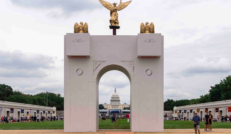 A mockup of President Donald Trump's proposed triumphal arch stands at the Great American State Fair on the National Mall, June 27, 2026, in Washington. (AP Photo/Jen Golbeck, File)