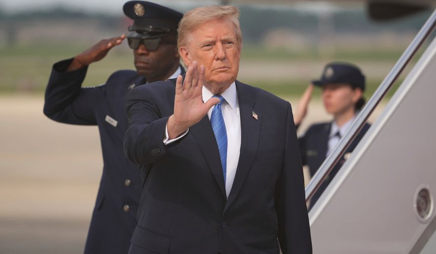 President Donald Trump waves after arriving off Air Force One, Friday, Aug. 28, 2026, at Joint Base Andrews, Md. (AP Photo/Mark Schiefelbein)