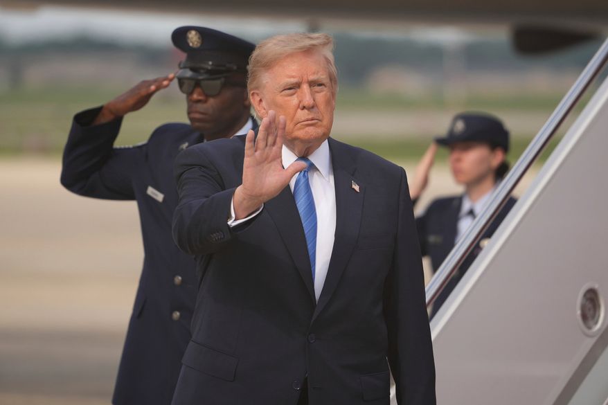 President Donald Trump waves after arriving off Air Force One, Friday, Aug. 28, 2026, at Joint Base Andrews, Md. (AP Photo/Mark Schiefelbein)
