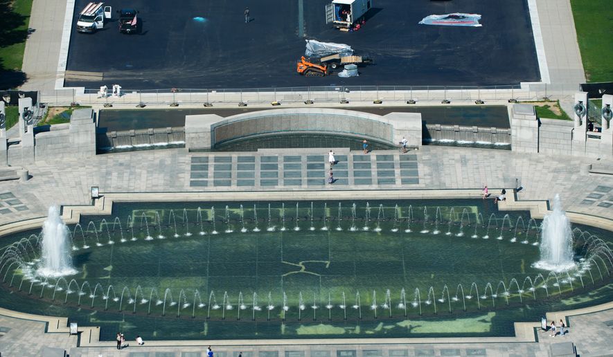 The World War II Memorial and the Lincoln Memorial Reflecting Pool are seen from the Washington Monument, Wednesday, Aug. 19, 2026, in Washington. (AP Photo/Alex Brandon)