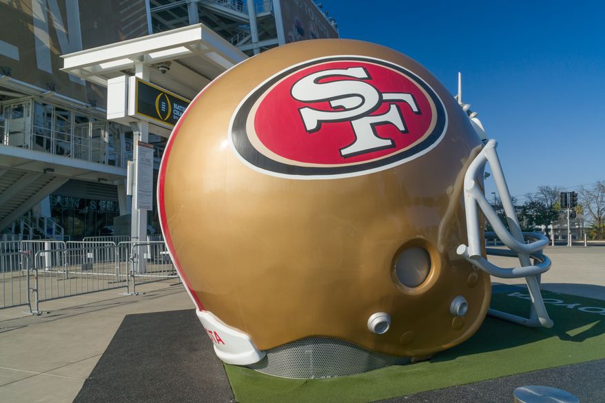 San Francisco 49ers life-size helmet outside Levi's Stadium. File photo credit: Ken Wolter via Shutterstock.