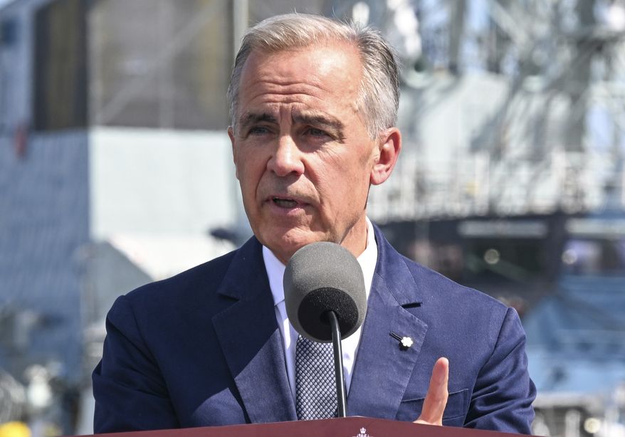 Canadian Prime Minister Mark Carney speaks at the Davie shipyard in Levis, Quebec on Monday, Aug. 24, 2026. (Jacques Boissinot/The Canadian Press via AP)