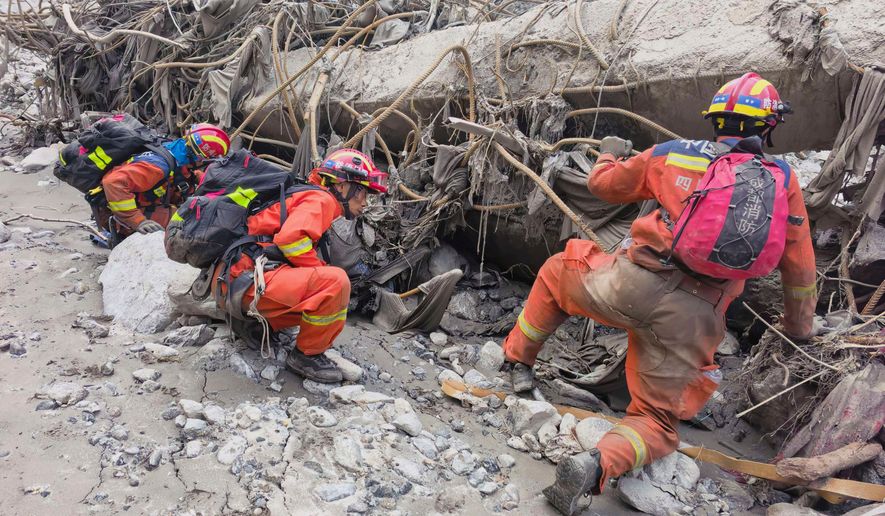 In this photo released by Xinhua News Agency, rescuers carry out search and rescue operations at the mudslide-hit area in Gyirong County, southwest China's Tibet Autonomous Region on Saturday, Aug. 29, 2026. (Zheng Lijun/Xinhua via AP)