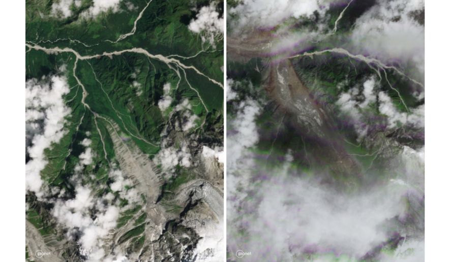This combination of satellite photos provided by Planet Labs PBC shows part of the Langtang Lirung glacier area along the Nepal–Tibet border on Aug. 25, 2026, left, and Aug. 26. (Planet Labs PBC via AP)