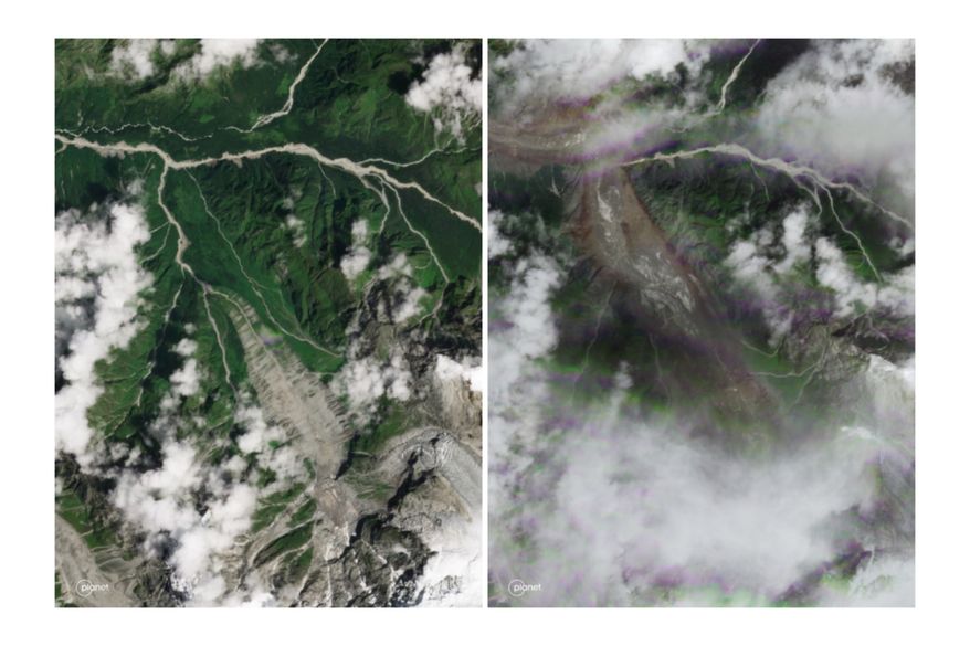 This combination of satellite photos provided by Planet Labs PBC shows part of the Langtang Lirung glacier area along the Nepal–Tibet border on Aug. 25, 2026, left, and Aug. 26. (Planet Labs PBC via AP)