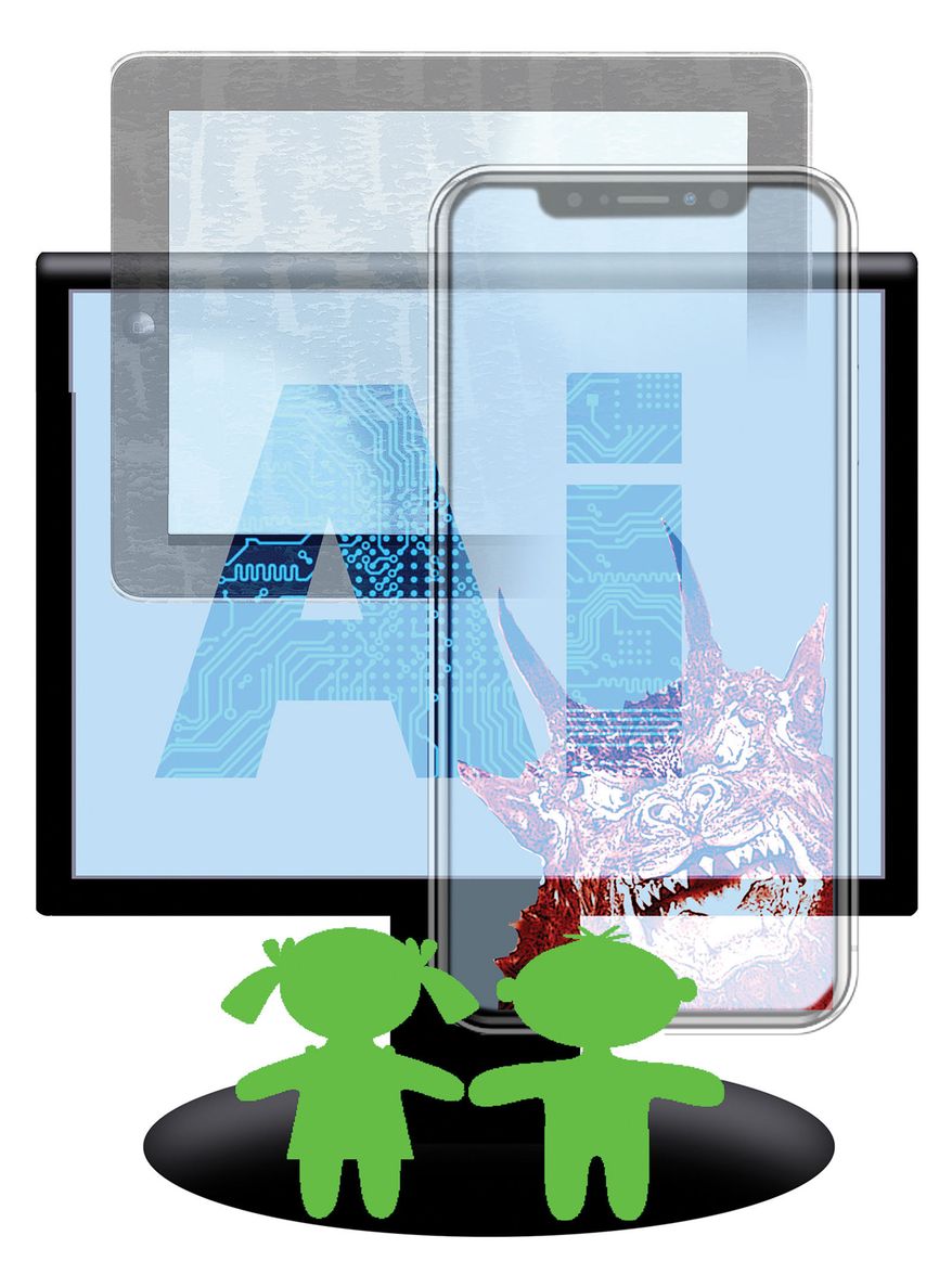 Children and the advantages and dangers of artificial intelligence (AI) illustration by Alexander Hunter/The Washington Times